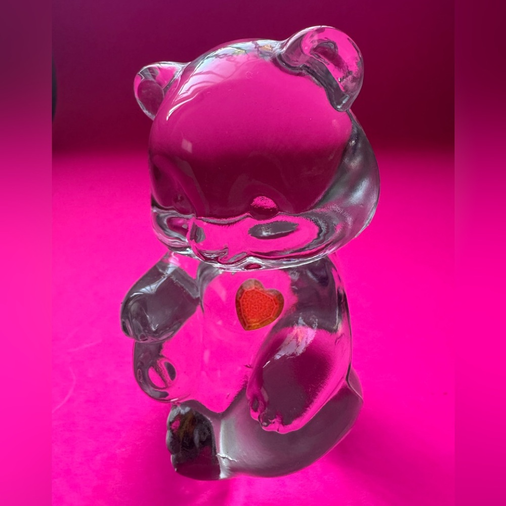 Fenton Bear art Paperweight glass clear with Orange heart.